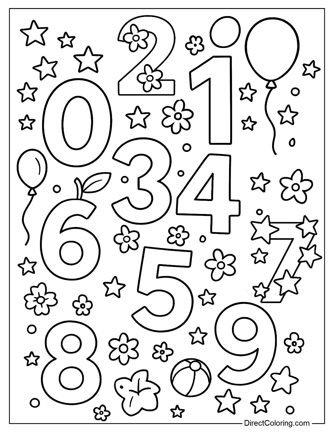 A coloring page of all numbers from 0 to 9 decorated with many symbols: stars, balloons, fruits, flowers, toys